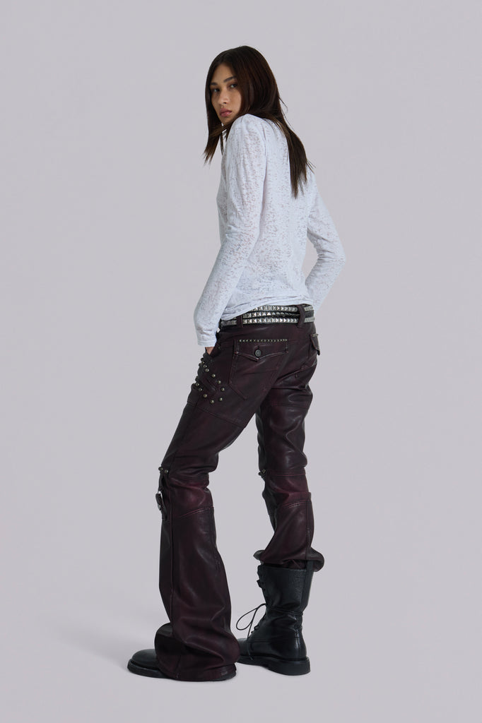 Burgundy Studded Faux Leather Drift Trousers