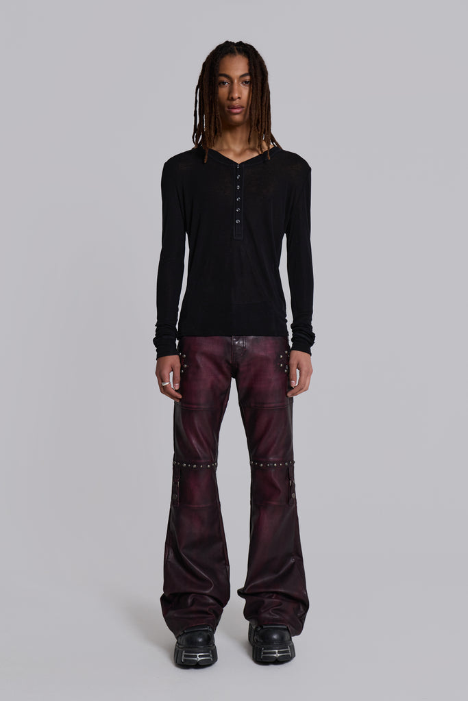 Burgundy Studded Faux Leather Drift Trousers