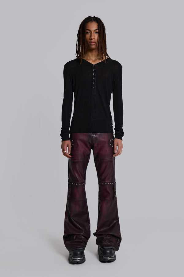 Burgundy Studded Faux Leather Drift Trousers
