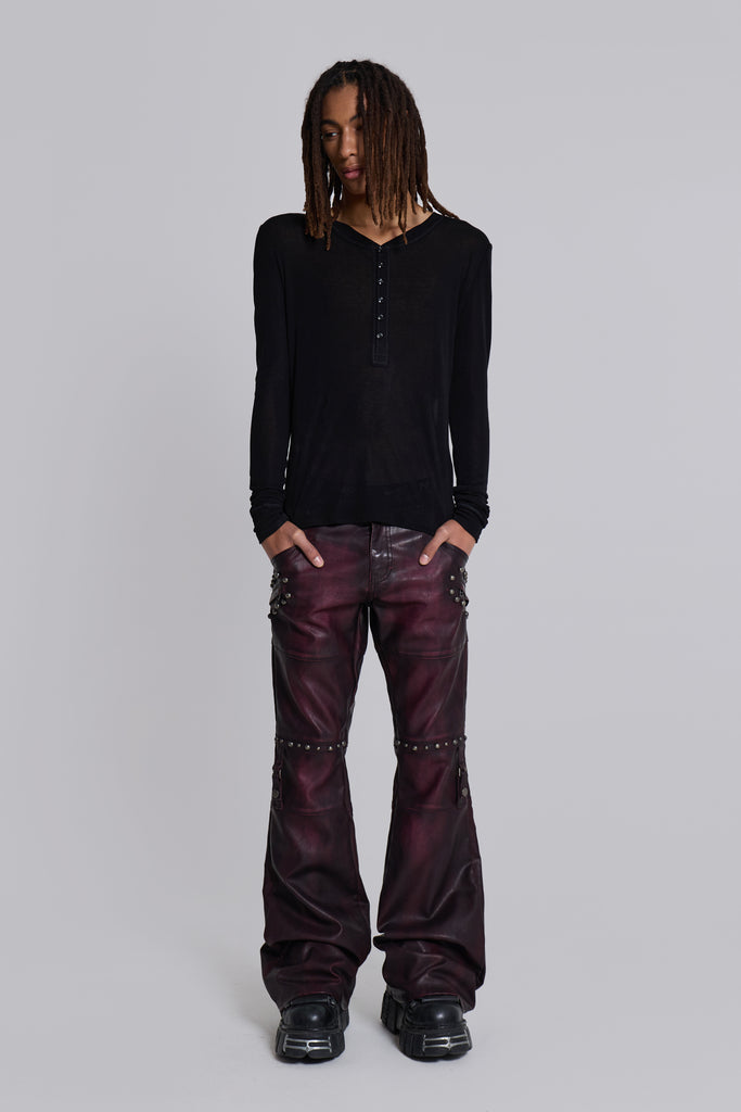 Burgundy Studded Faux Leather Drift Trousers
