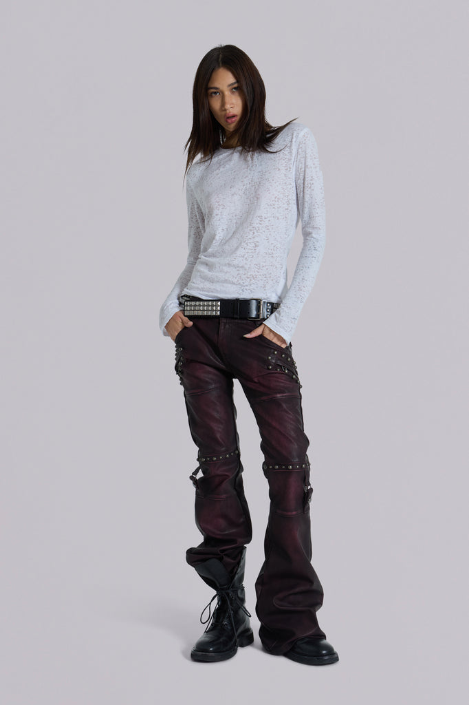 Burgundy Studded Faux Leather Drift Trousers