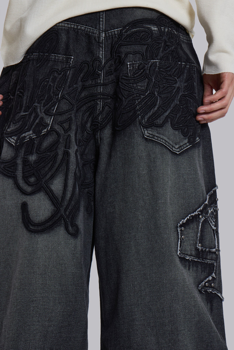 Black Raised Embroidery XL Colossus Jeans