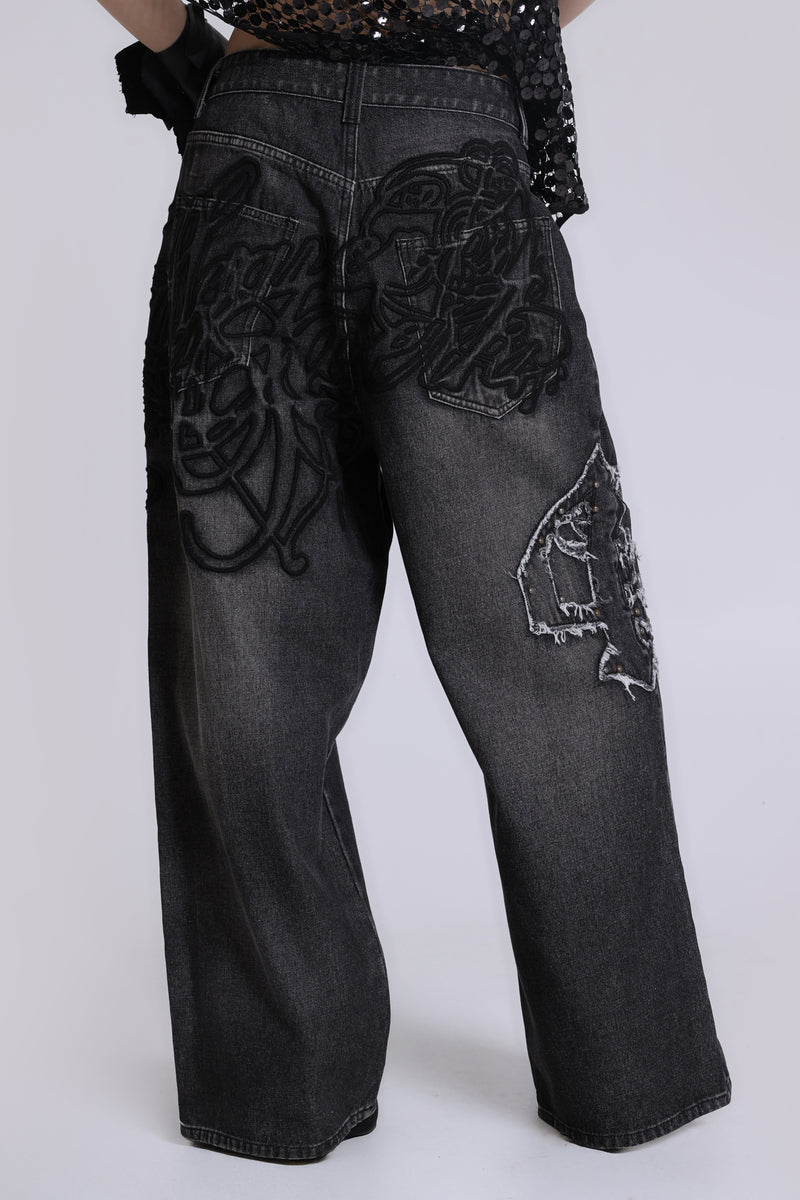 Black Raised Embroidery XL Colossus Jeans | Jaded London