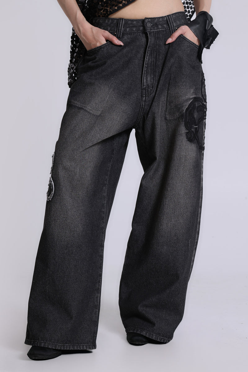 Black Raised Embroidery XL Colossus Jeans