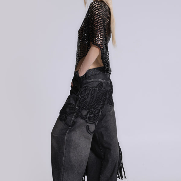 Black Raised Embroidery XL Colossus Jeans | Jaded London