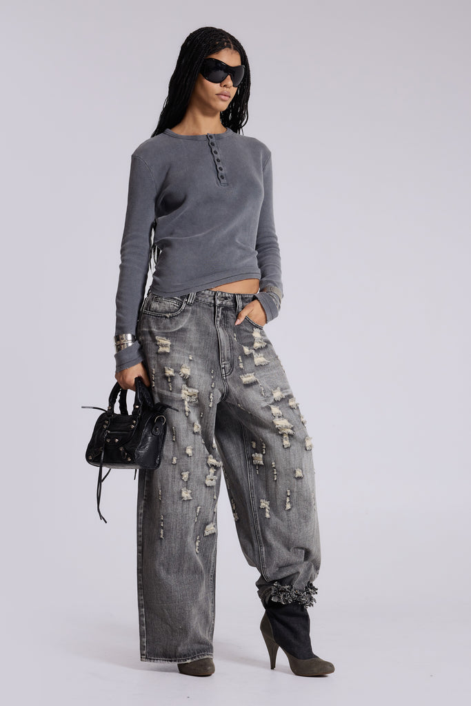 Charcoal Waffle Henley Top | Jaded London | Clothing