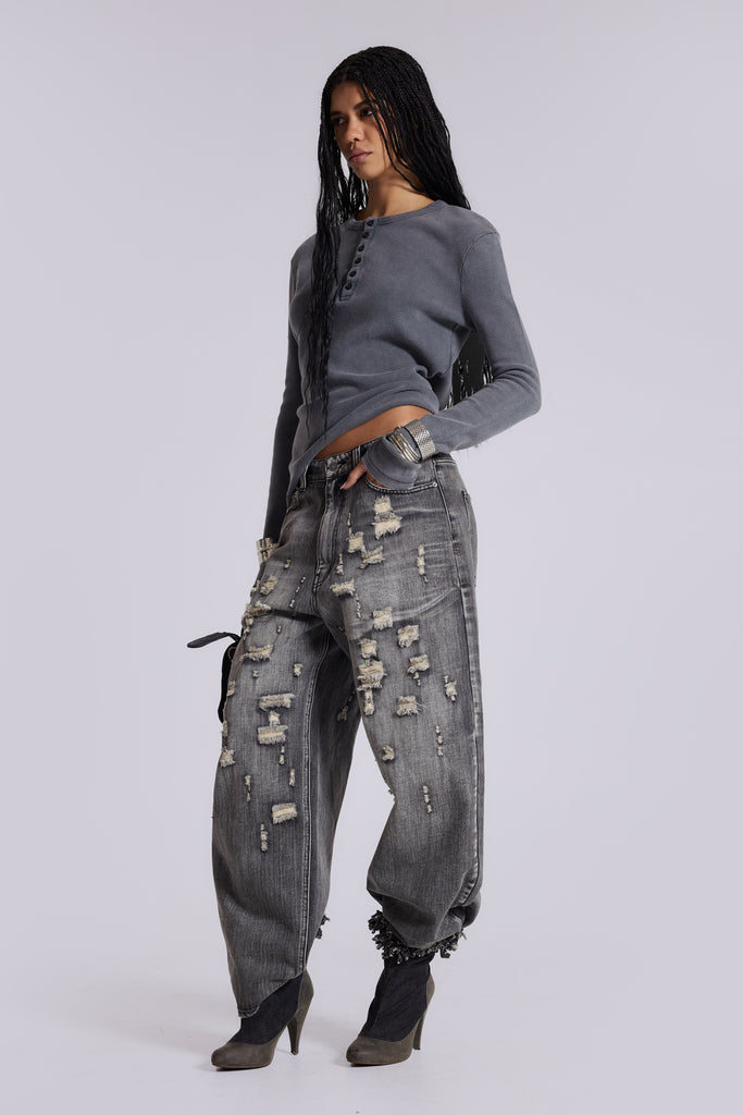 Charcoal Waffle Henley Top | Jaded London | Clothing