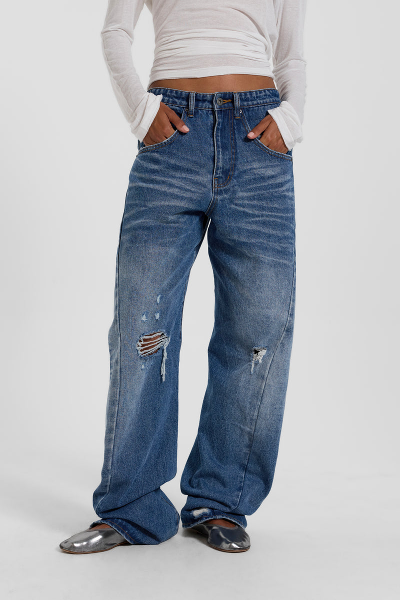 Mid Blue Baggy Twisted Seam Jeans
