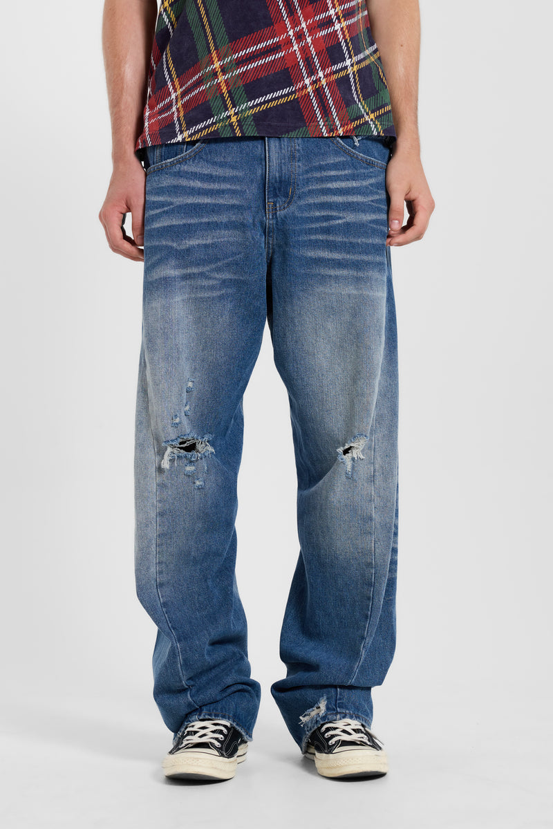 Mid Blue Baggy Twisted Seam Jeans