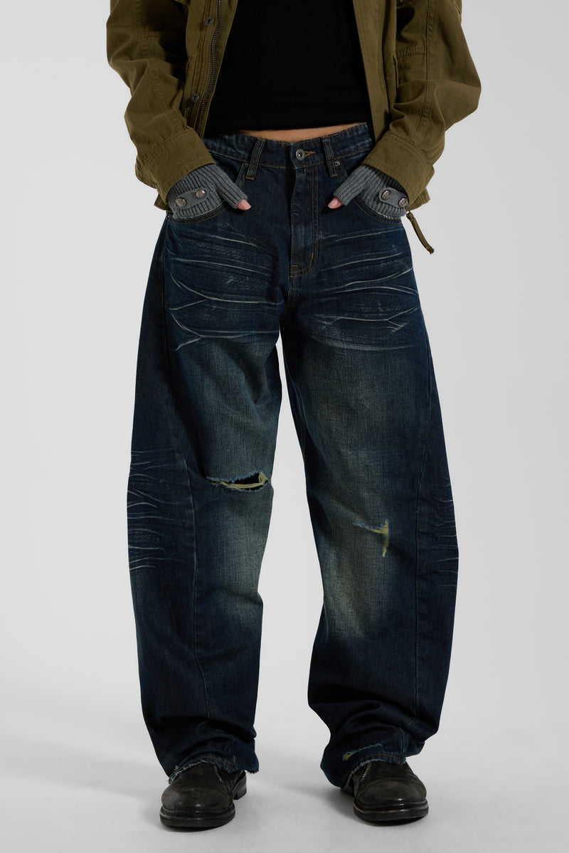 Indigo Baggy Twisted Seam Jeans