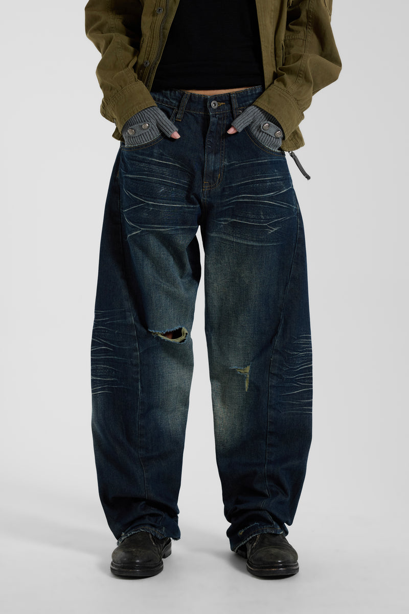 Indigo Baggy Twisted Seam Jeans