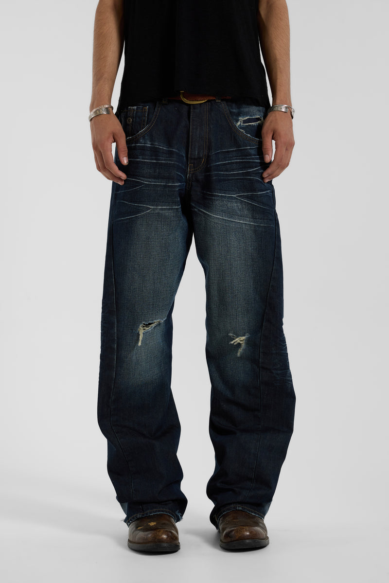 Indigo Distressed Baggy Twisted Seam Jeans
