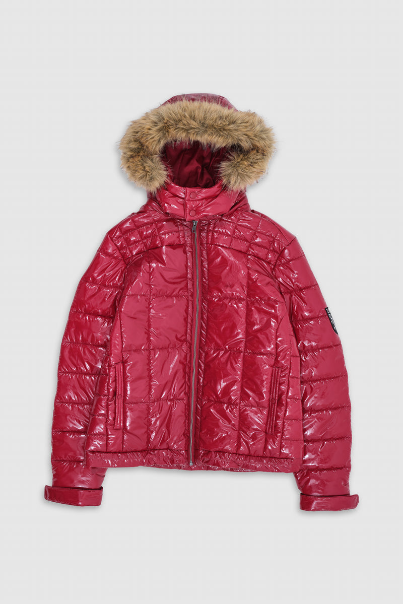 Red Hi Shine Fur Hood Puffer
