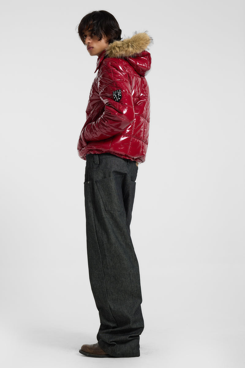 Red Hi Shine Fur Hood Puffer