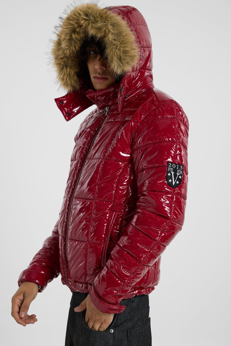 Red Hi Shine Fur Hood Puffer