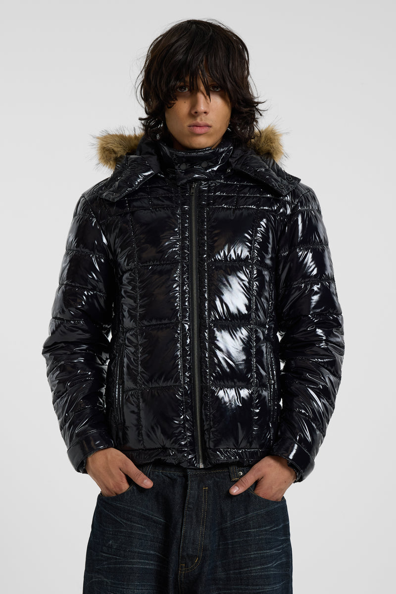 Black Hi Shine Fur Hood Puffer