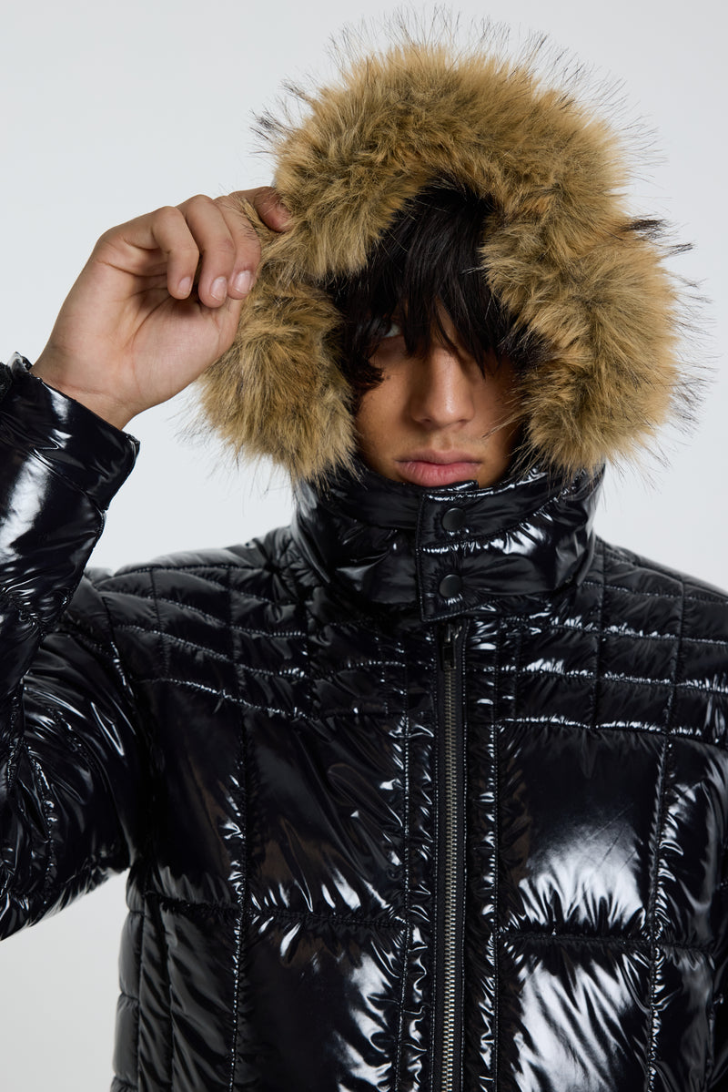 Black Hi Shine Fur Hood Puffer