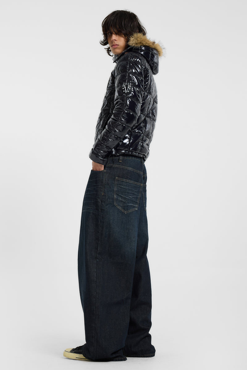 Black Hi Shine Fur Hood Puffer