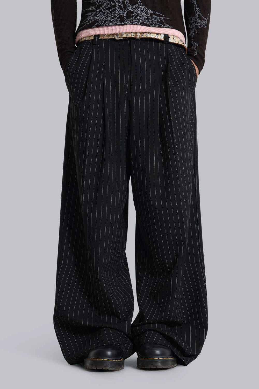 Shop Black Pinstripe Goliath Pants | Jaded London | Clothing