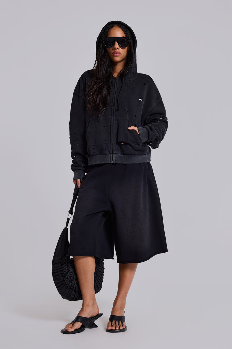 Washed Black Sun Faded Waffle Lined Zip Hoodie | Jaded London