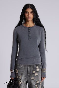 Charcoal Waffle Henley Top - XXS / Grey