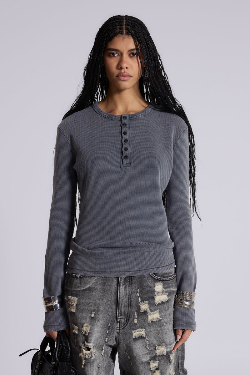 Charcoal Waffle Henley Top | Jaded London | Clothing