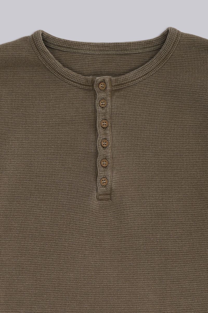 Olive Washed Waffle Henley Top
