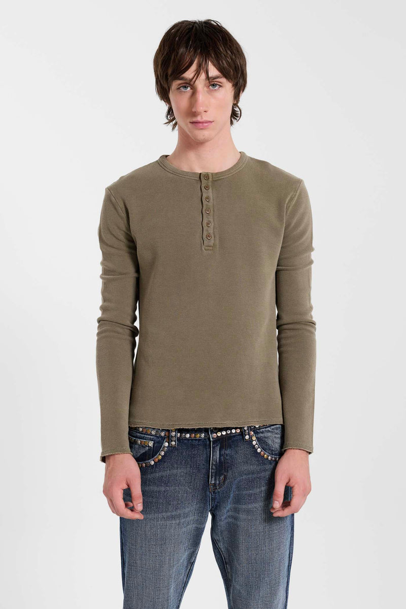 Olive Washed Waffle Henley Top