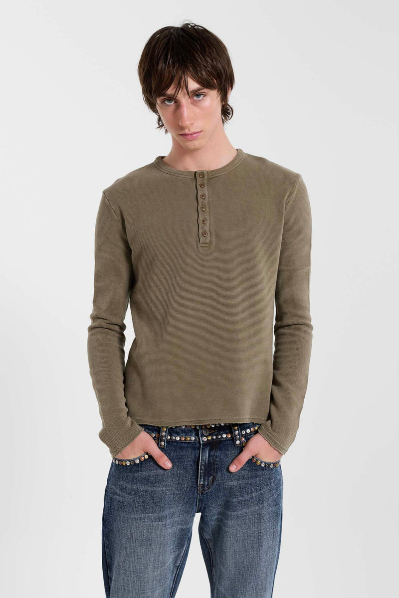 Olive Washed Waffle Henley Top