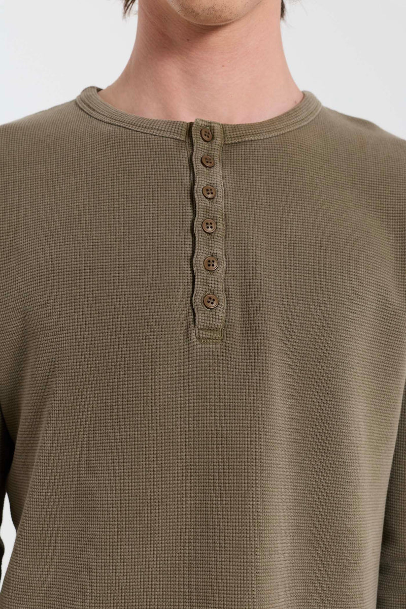 Olive Washed Waffle Henley Top