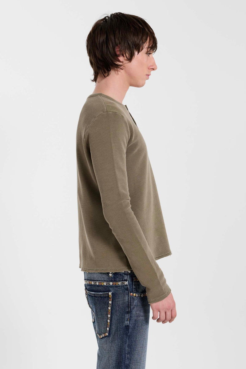 Olive Washed Waffle Henley Top