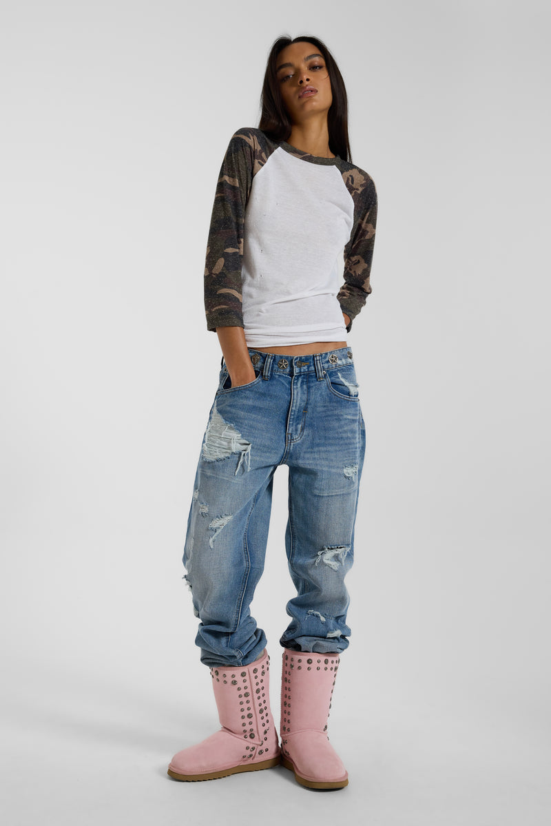 Camo Los Angeles Distressed Raglan Top