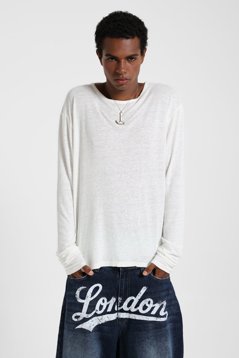 Slub White Long Sleeve T-Shirt – view 3