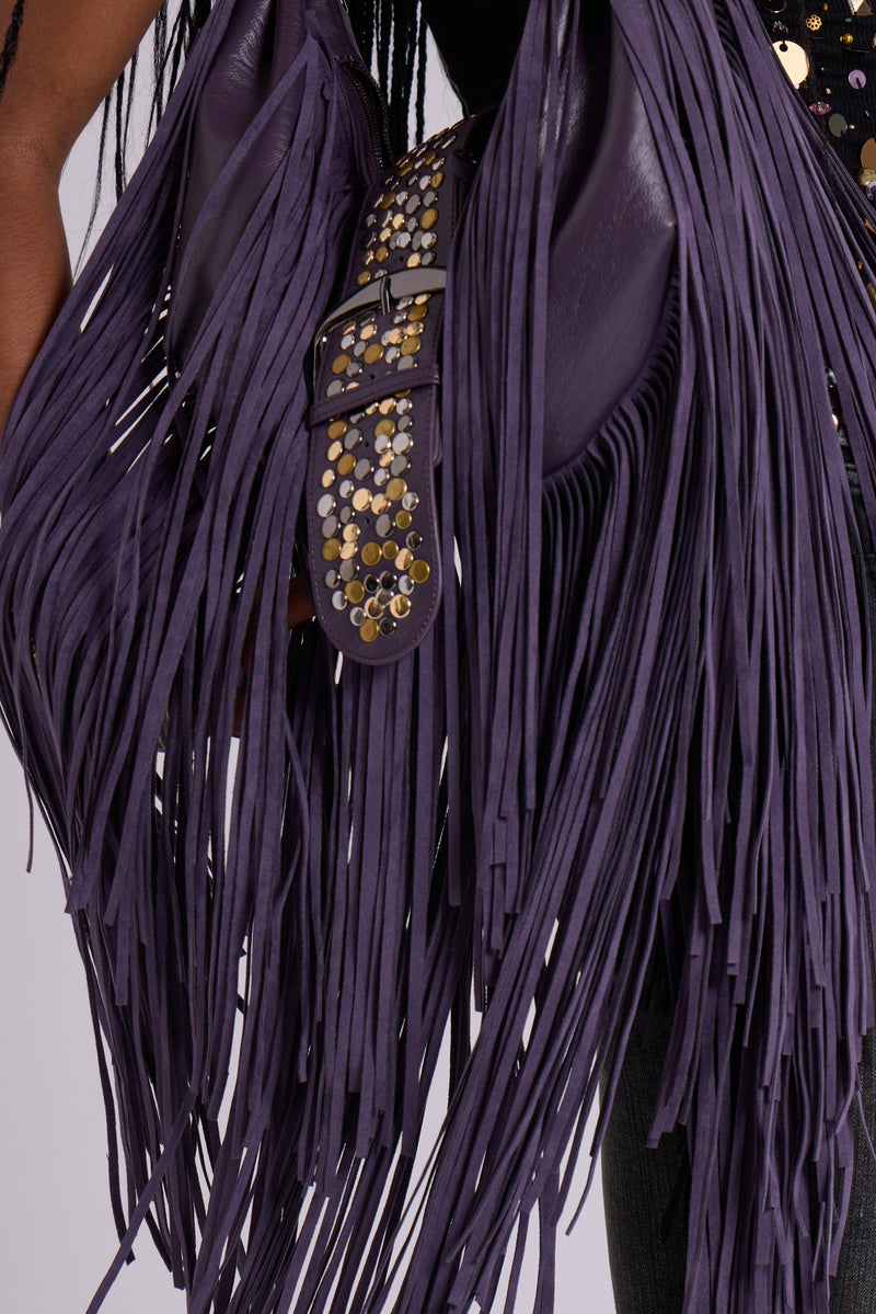 Amethyst Fringe Studded Shoulder Bag