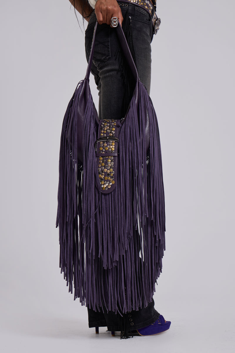 Amethyst Fringe Studded Shoulder Bag