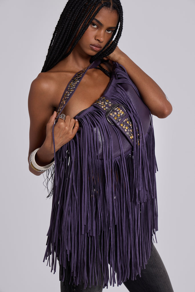 Amethyst Fringe Studded Shoulder Bag