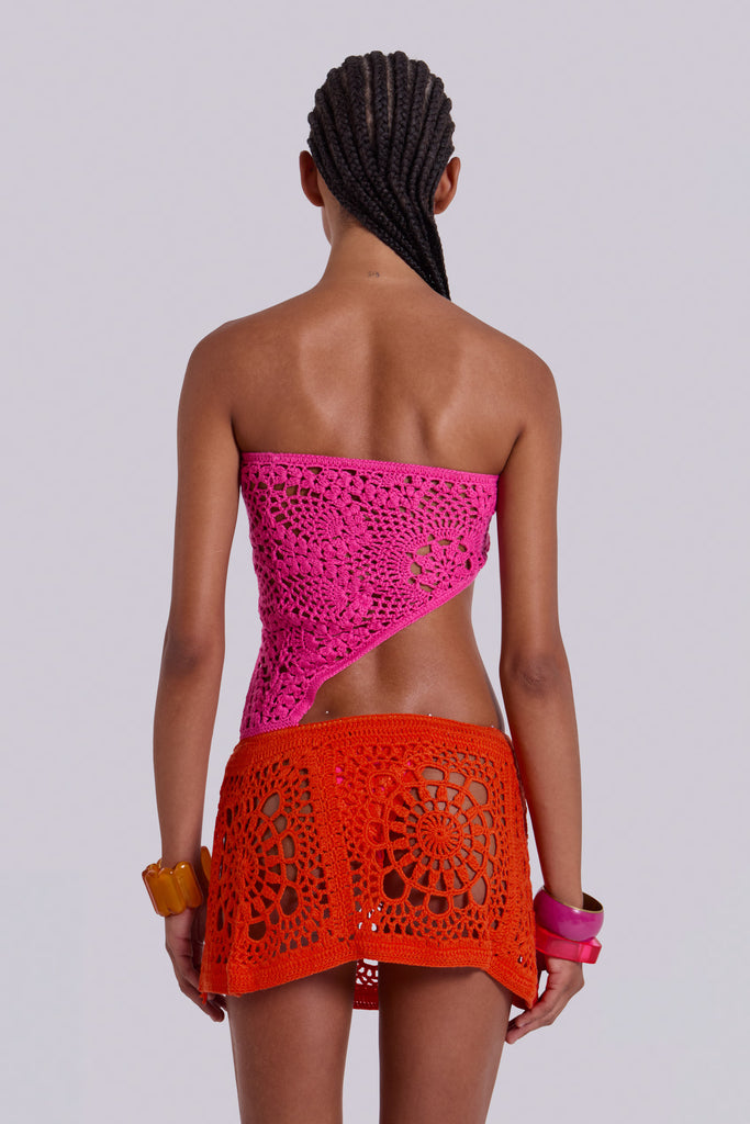 Aurea Asymmetric Crochet Mini Dress