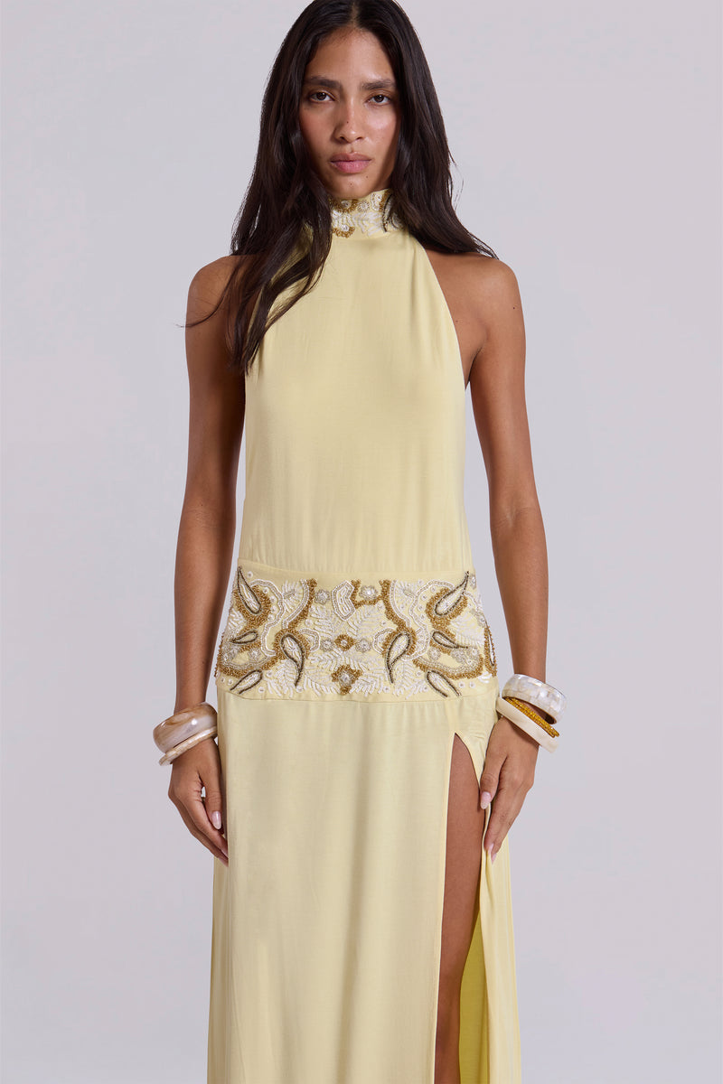 Darya Hand Beaded Backless Maxi Dress in Butter