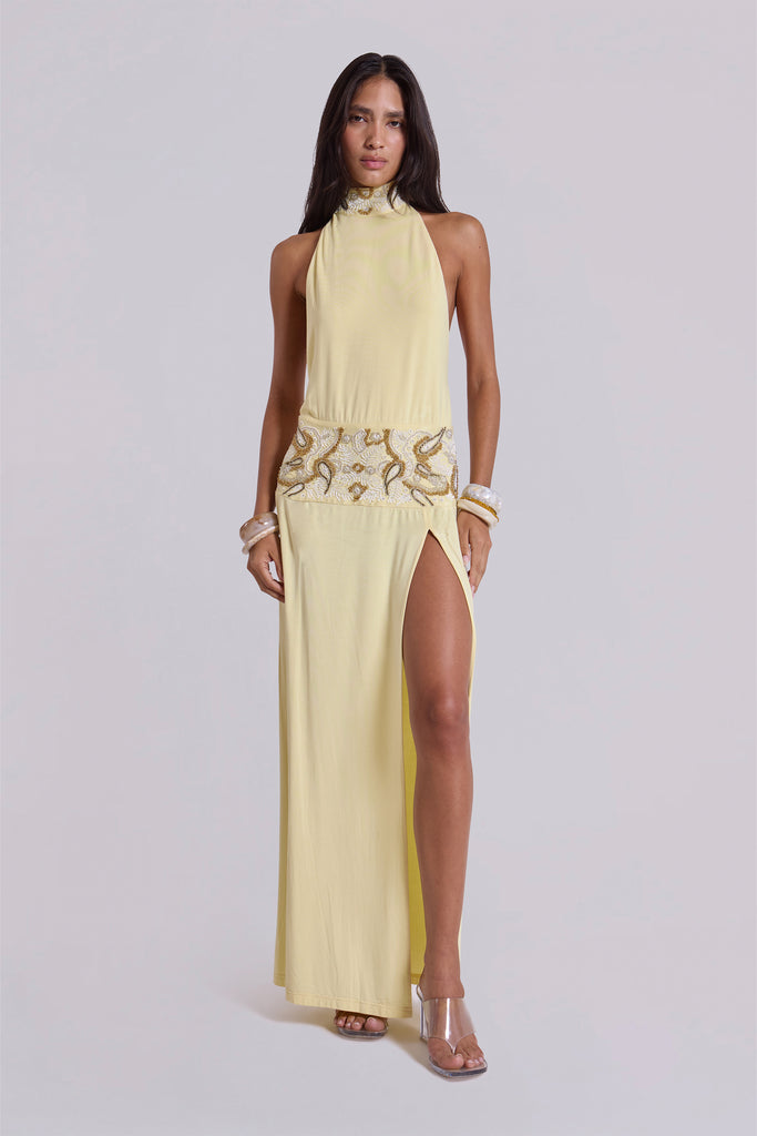 Darya Hand Beaded Backless Maxi Dress in Butter
