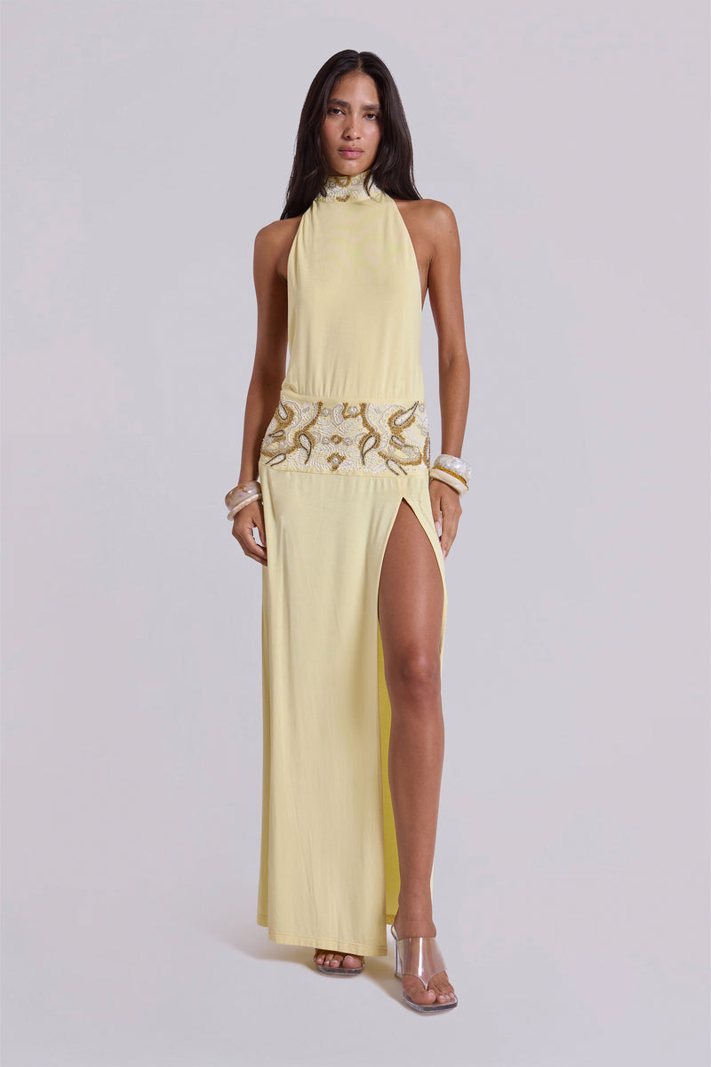 Darya Hand Beaded Backless Maxi Dress in Butter