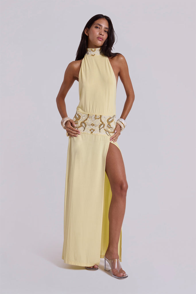 Darya Hand Beaded Backless Maxi Dress in Butter