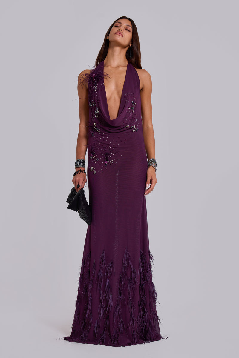 Ember Embellished Plunge Maxi Dress with Real Feather