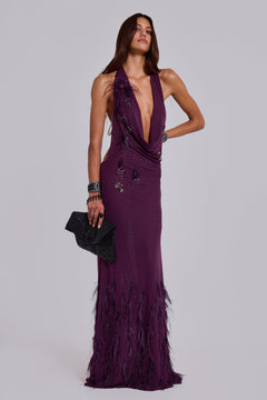 Ember Embellished Plunge Maxi Dress with Real Feather – view 1