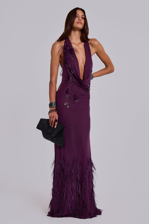 Talassa Maxi Dress with Real Feather
