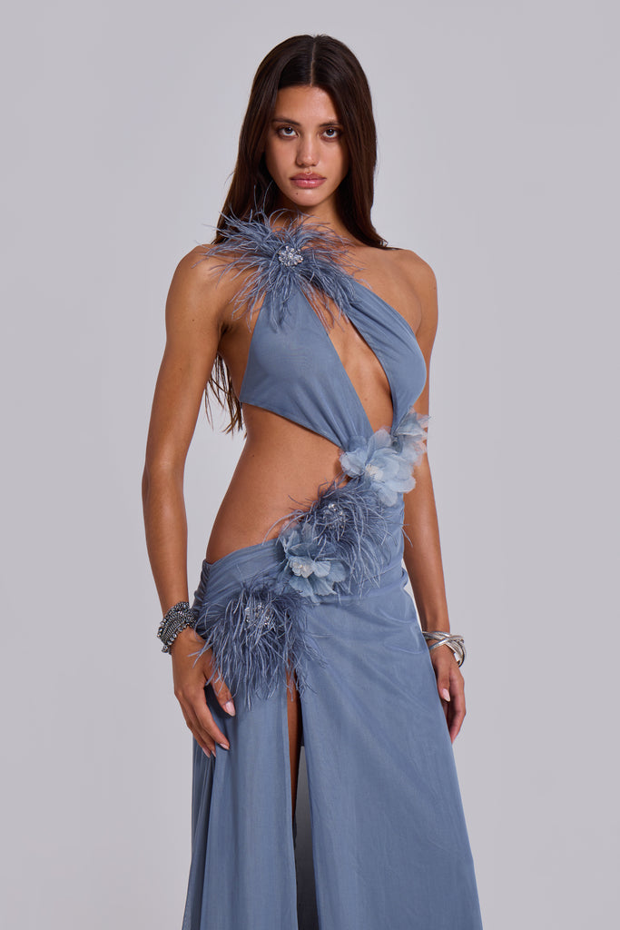 Noctelle Cut Out Maxi Dress with Feathers