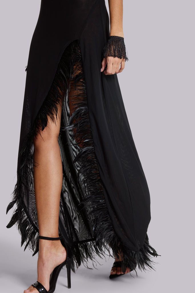 Ravenna Backless Halter Maxi Dress with Feathers