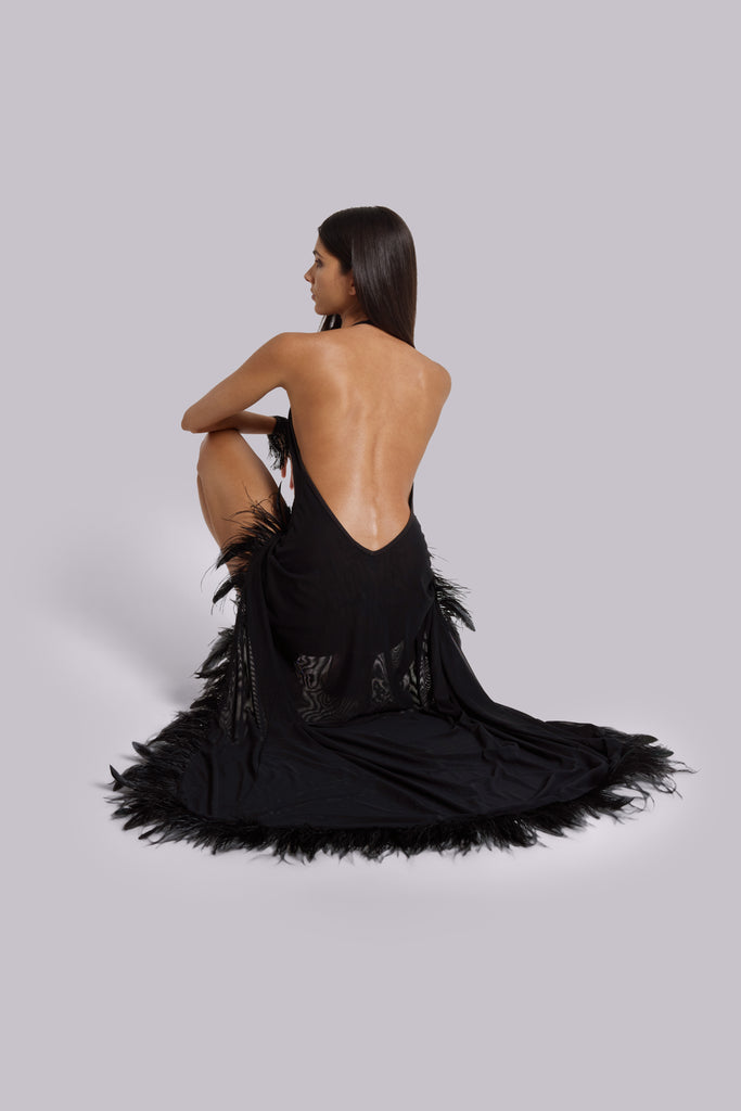 Ravenna Backless Halter Maxi Dress with Feathers