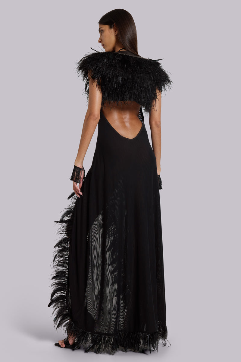 Ravenna Backless Halter Maxi Dress with Feathers