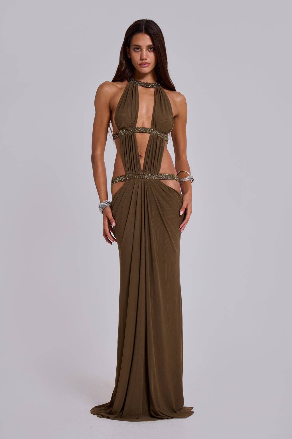 6AM Cut Out Maxi Dress in Moss | Jaded London