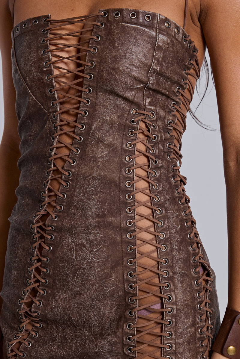Odile Brown Faux Leather Lace Up Mini Dress | Jaded London | Clothing Odile Brown Faux Leather Lace Up Mini Dress | Jaded London | Clothing